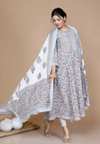 Miravan Women's Blue Printed With Gota Patti Work Anarkali Kurta With Dupatta