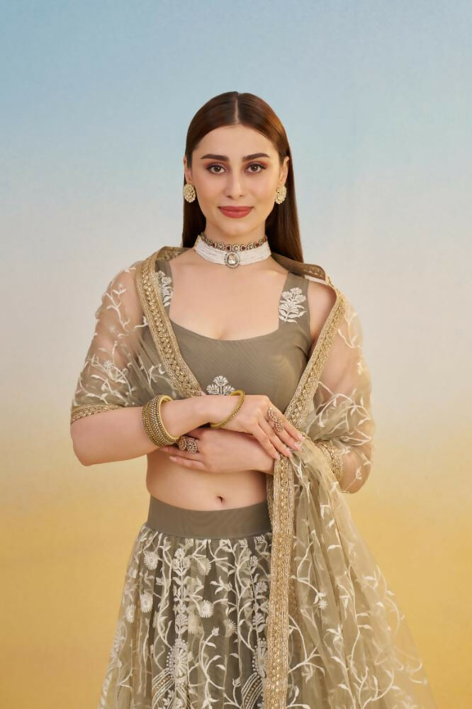 Aastha Fashion Ivory Butterfly Net White Cotton Thread Work And Sequence Work Embroidery Wedding Wear Lehenga Choli