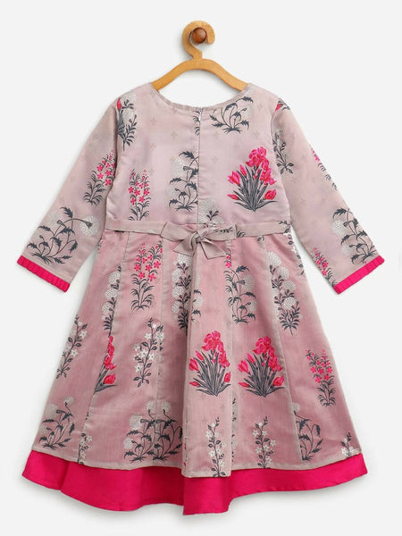 Ahalyaa Grey Chanderi Silk Pigment Print Kids Front Slit Kurta For Girls