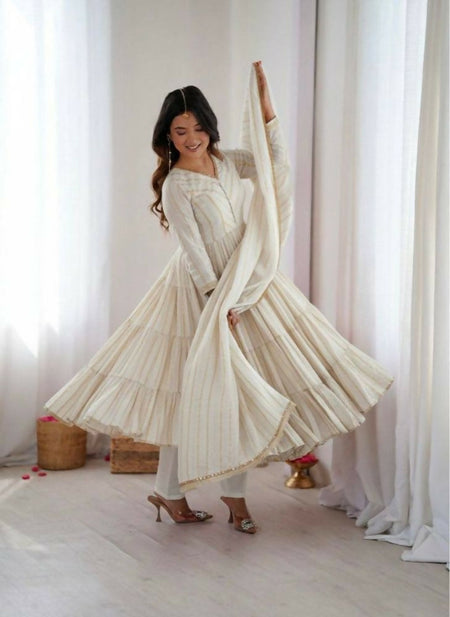 Teeya Creation White Color Mal Chanderi Silk Hand Embroidery Work Long Gown