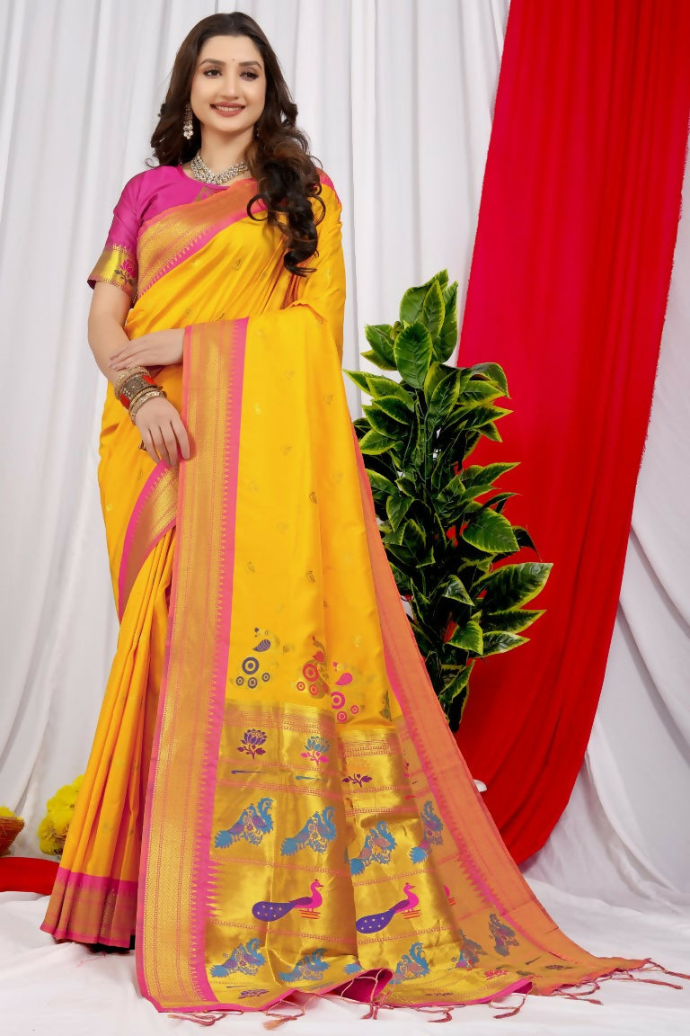 Jyoti Fashion Women's Yellow Paithani Silk Zari Woven Saree with Blouse