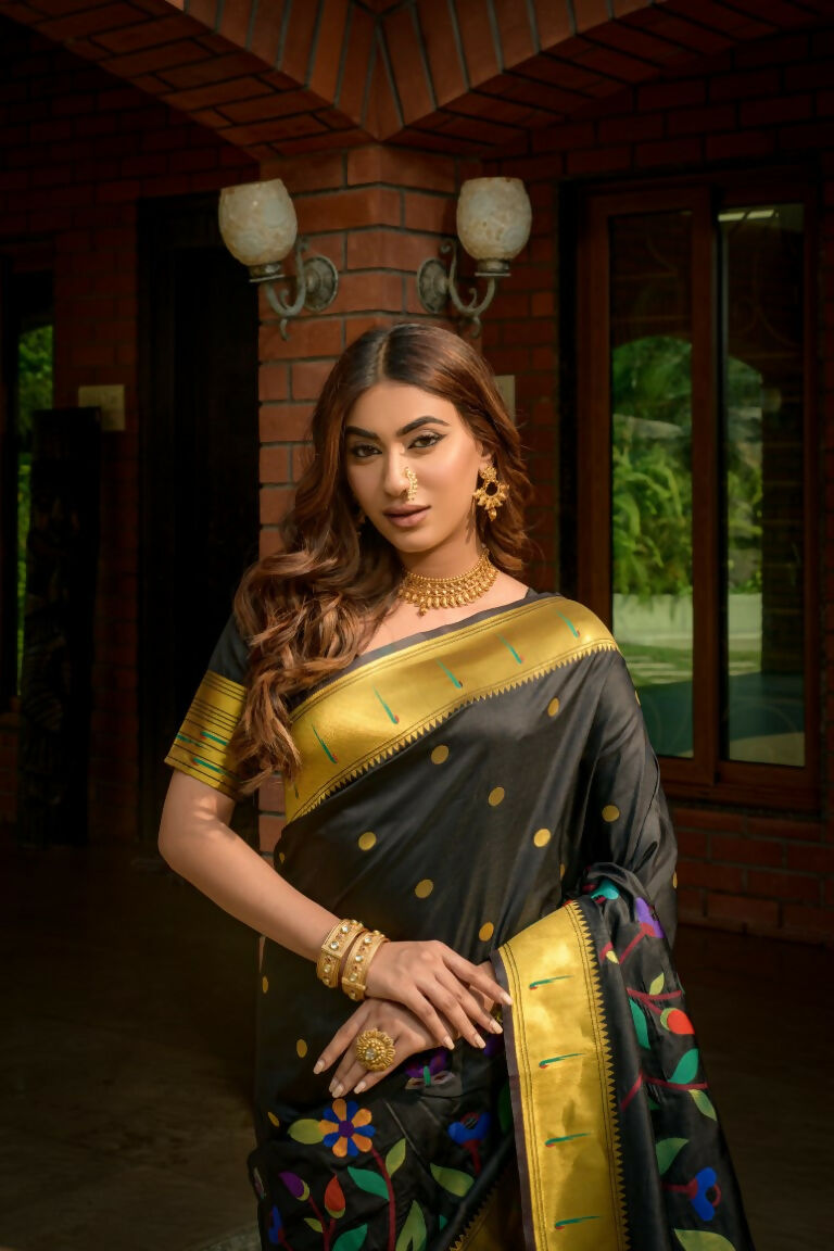 Jyoti Fashion Women's Black Paithani Silk Zari Woven Saree with Blouse