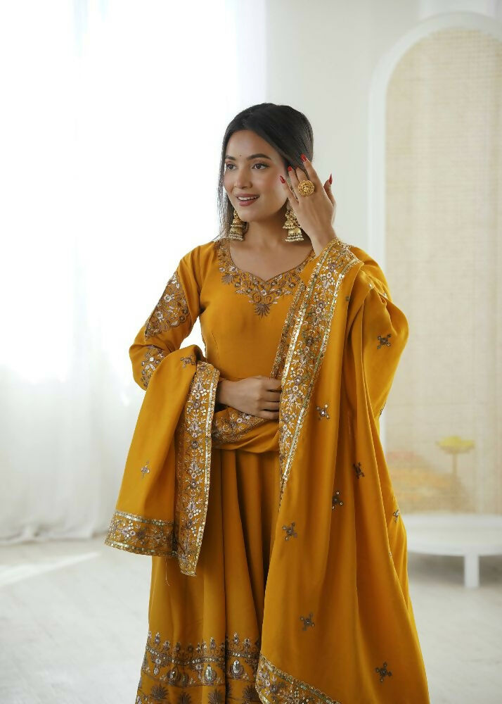 Teeya Creation Yellow Roman Silk Embroidery Work Party Wear long Gown - Distacart