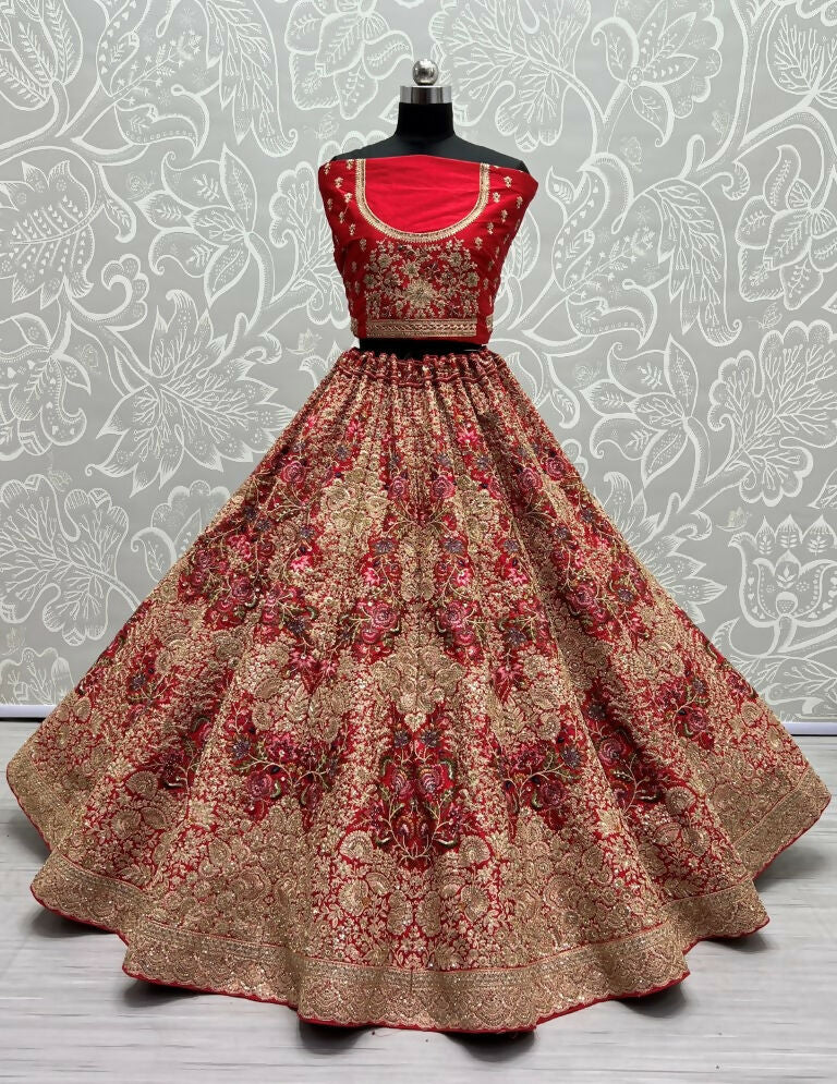 Jyoti Fashion Women's Red Silk Fancy Dori & Sequins Multi Thread Embroidered with Diamond Work Wedding Lehenga Choli