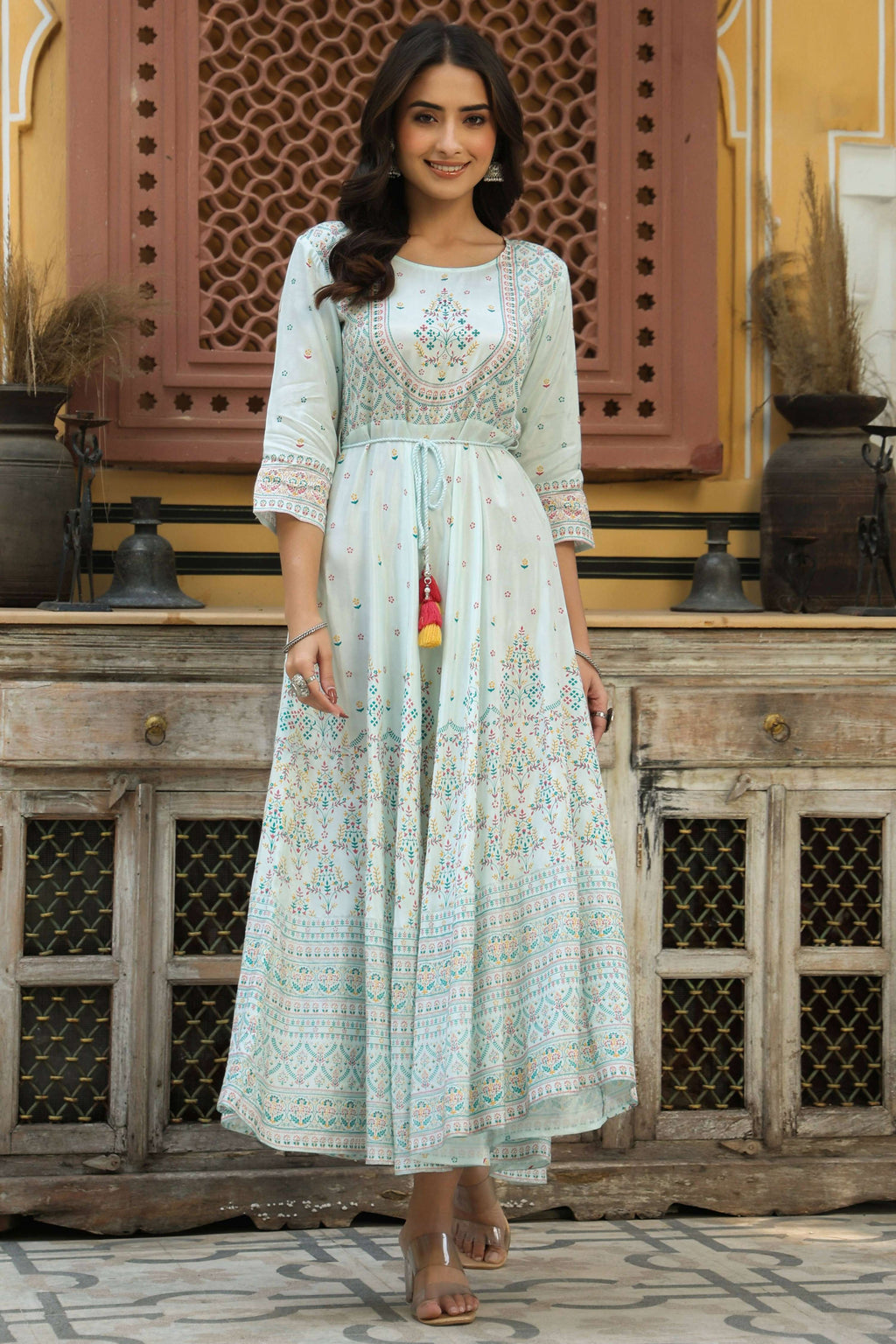 Juniper Women's Skyblue Viscose Shantoon Festive Printed Flared Dress - Distacart