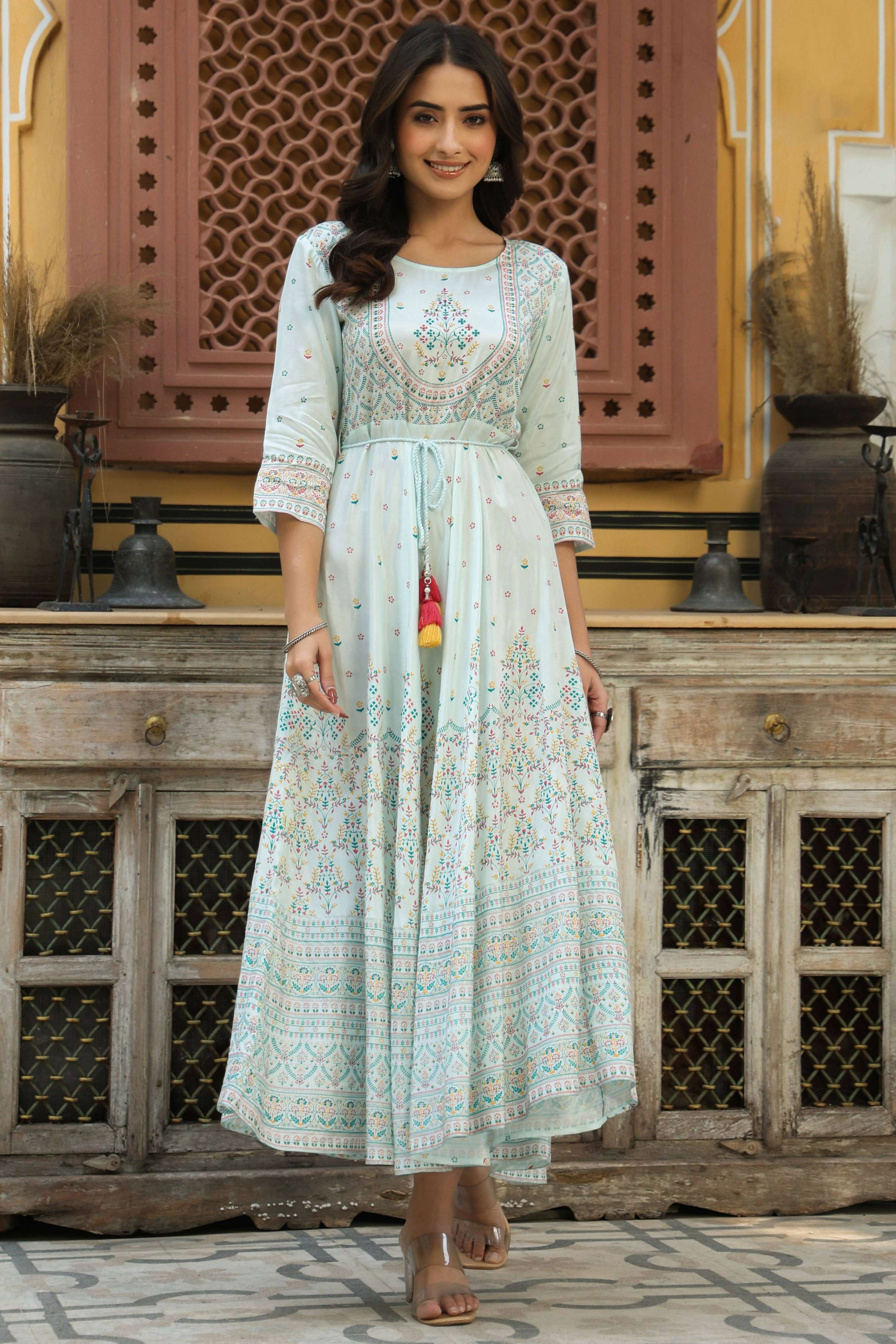 Juniper Women's Skyblue Viscose Shantoon Festive Printed Flared Dress - Distacart