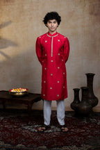 Falling Raw Silk Red Kumkuma Kurta Set By Hilo Design