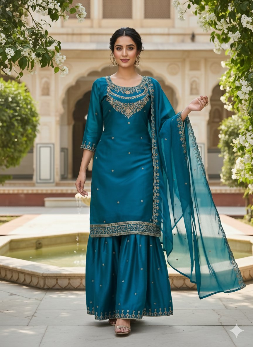 Teeya Creation Teal Color Fendy Satin Silk Heavy Embroidery Work Sharara Suit - Distacart