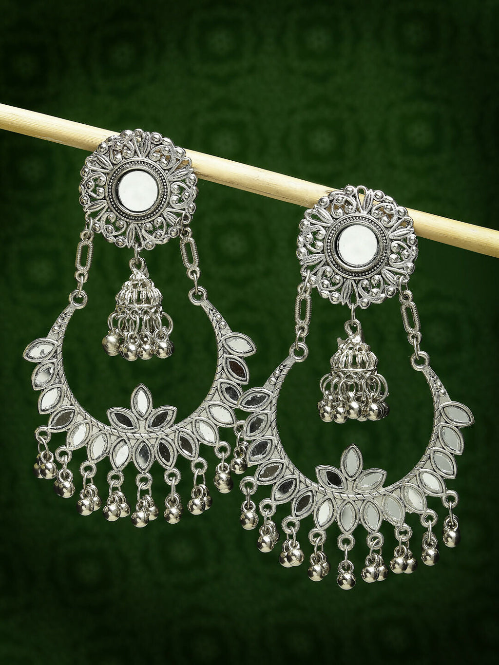NVR Women's Silver-Plated Mirror Work Oxidised Chandbali Earrings - Distacart