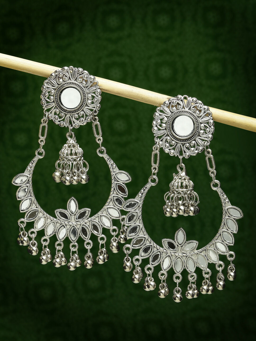 NVR Women's Silver-Plated Mirror Work Oxidised Chandbali Earrings - Distacart