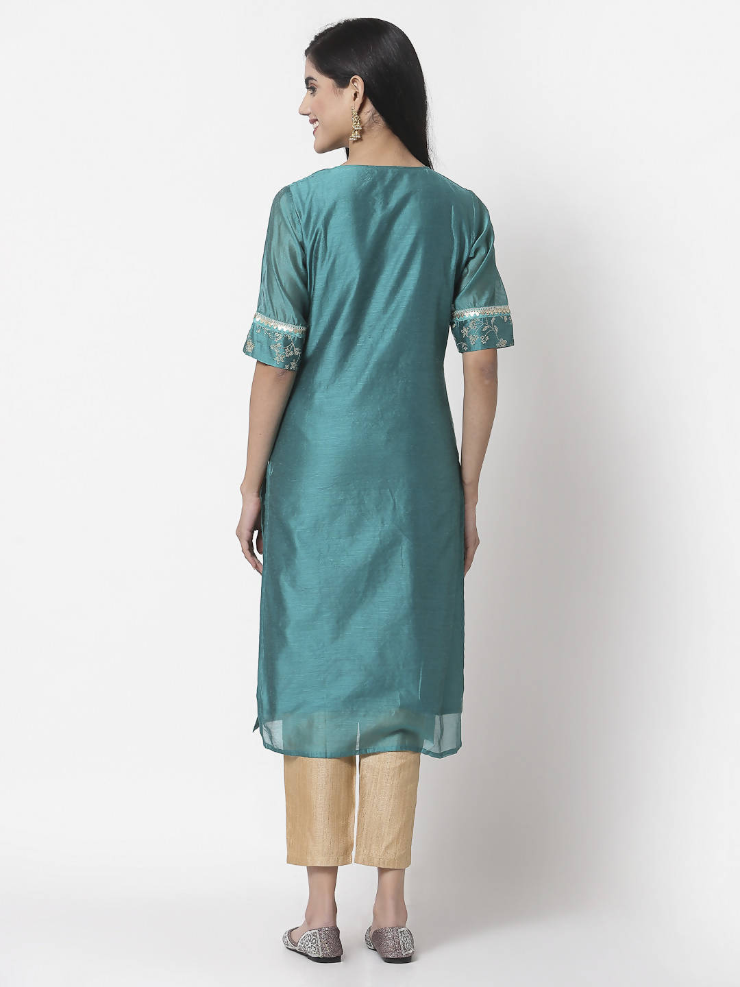 Myshka Women Teal Chanderi Solid Half Sleeve Round Neck Kurta
