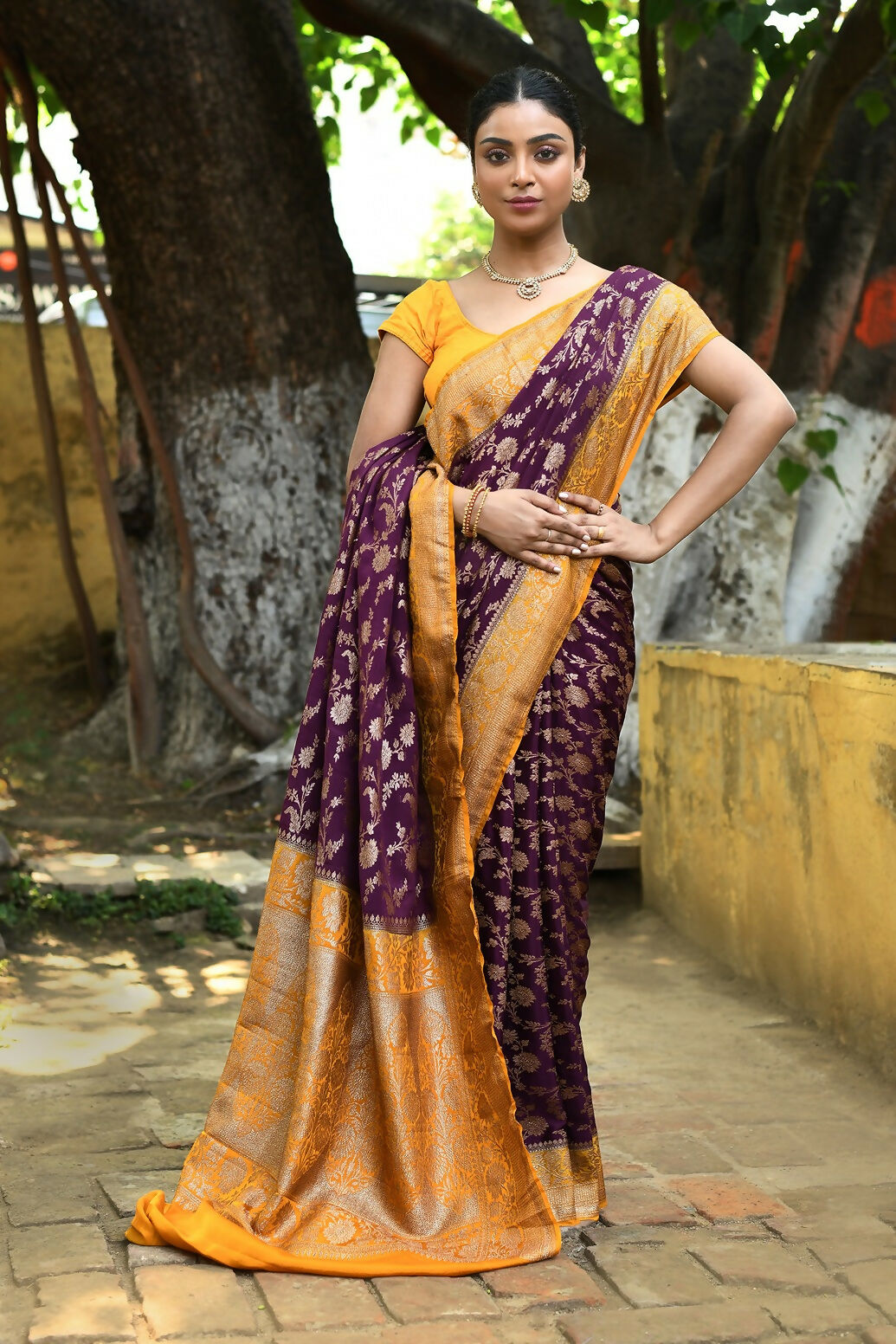 Joban Fashion Purple Crepe Chiffon Pure Handloom Banarasi Silk Saree