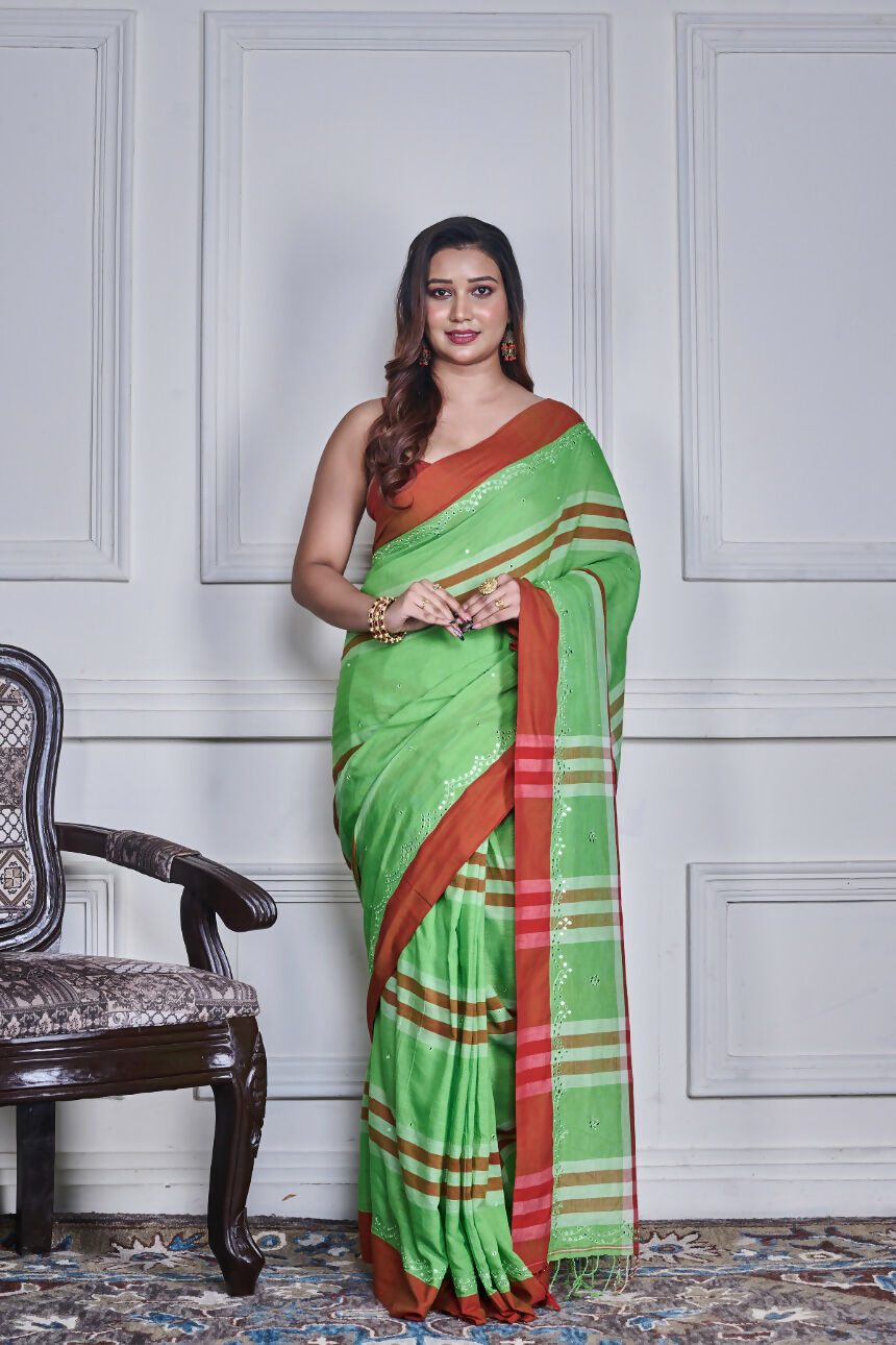 Morchari Green Cotton Handloom Mirror Work Saree Unstitched Blouse - Distacart