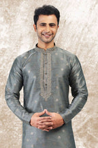 Raivat Ethnic Jacquard Silk Brocade Thread Work Kurta Pajama In Grey Colour