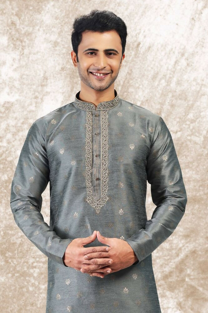 Raivat Ethnic Jacquard Silk Brocade Thread Work Kurta Pajama In Grey Colour