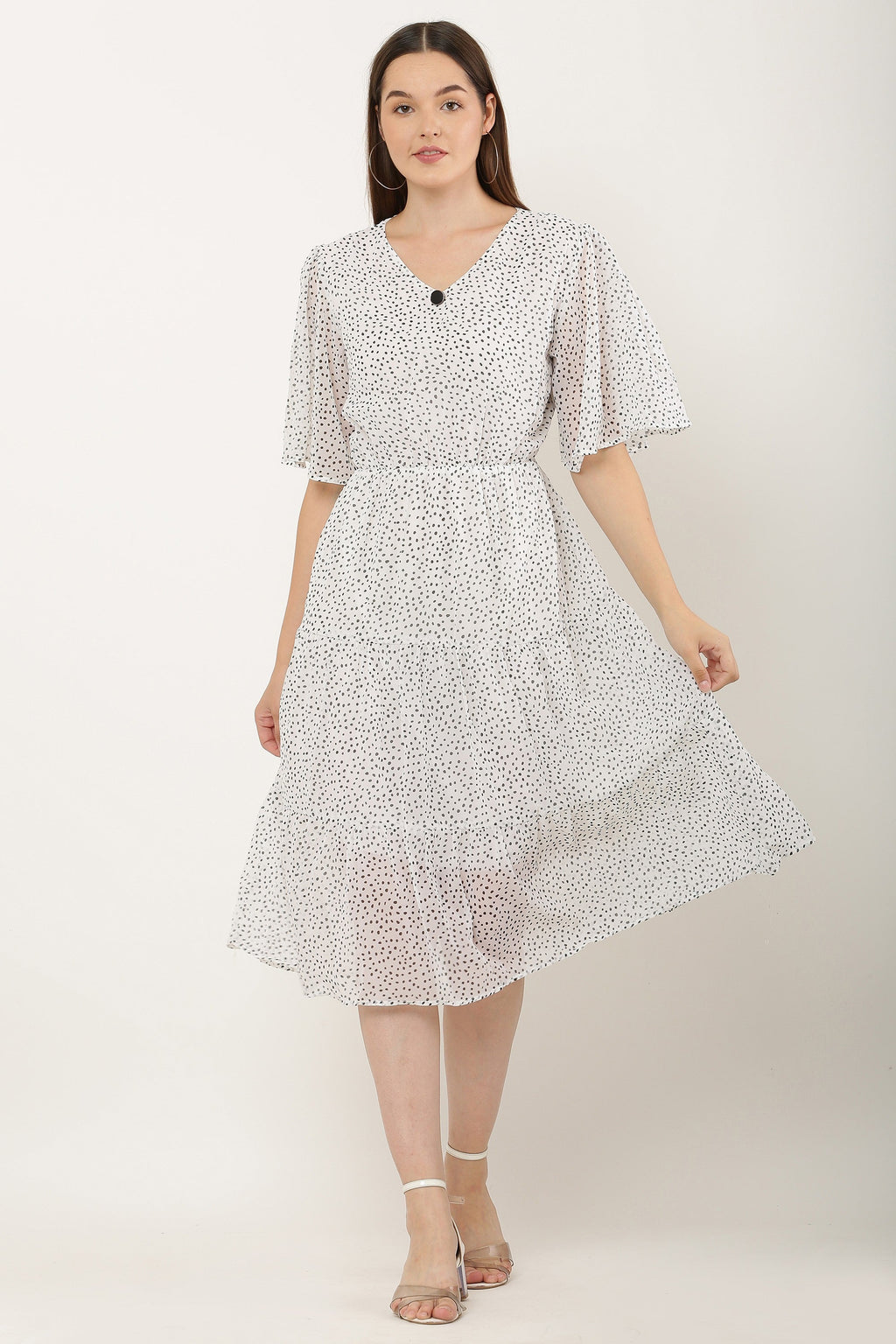 PAVONINE Micro Dots V-Neck Georgette Fabric White Dress For Women - Distacart