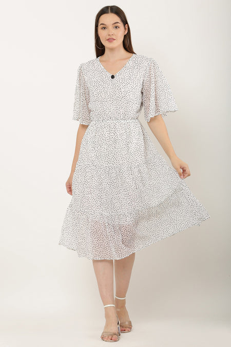 PAVONINE Micro Dots V-Neck Georgette Fabric White Dress For Women