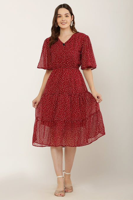 PAVONINE Micro Dots V-Neck Georgette Fabric Maroon Dress For Women