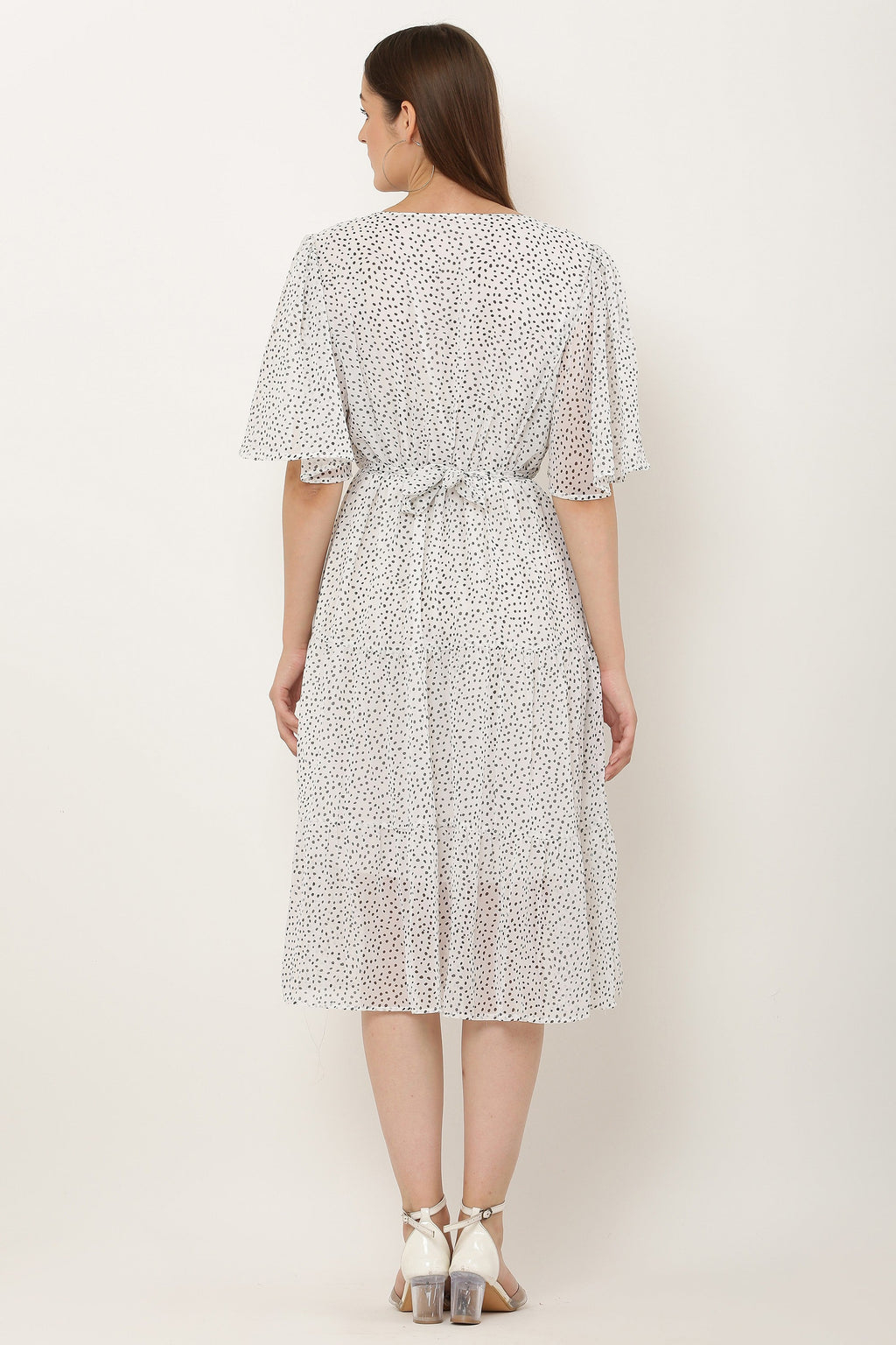 PAVONINE Micro Dots V-Neck Georgette Fabric White Dress For Women - Distacart