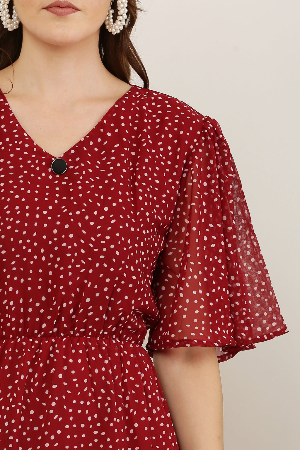 PAVONINE Micro Dots V-Neck Georgette Fabric Maroon Dress For Women - Distacart
