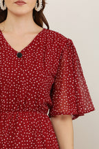 PAVONINE Micro Dots V-Neck Georgette Fabric Maroon Dress For Women - Distacart