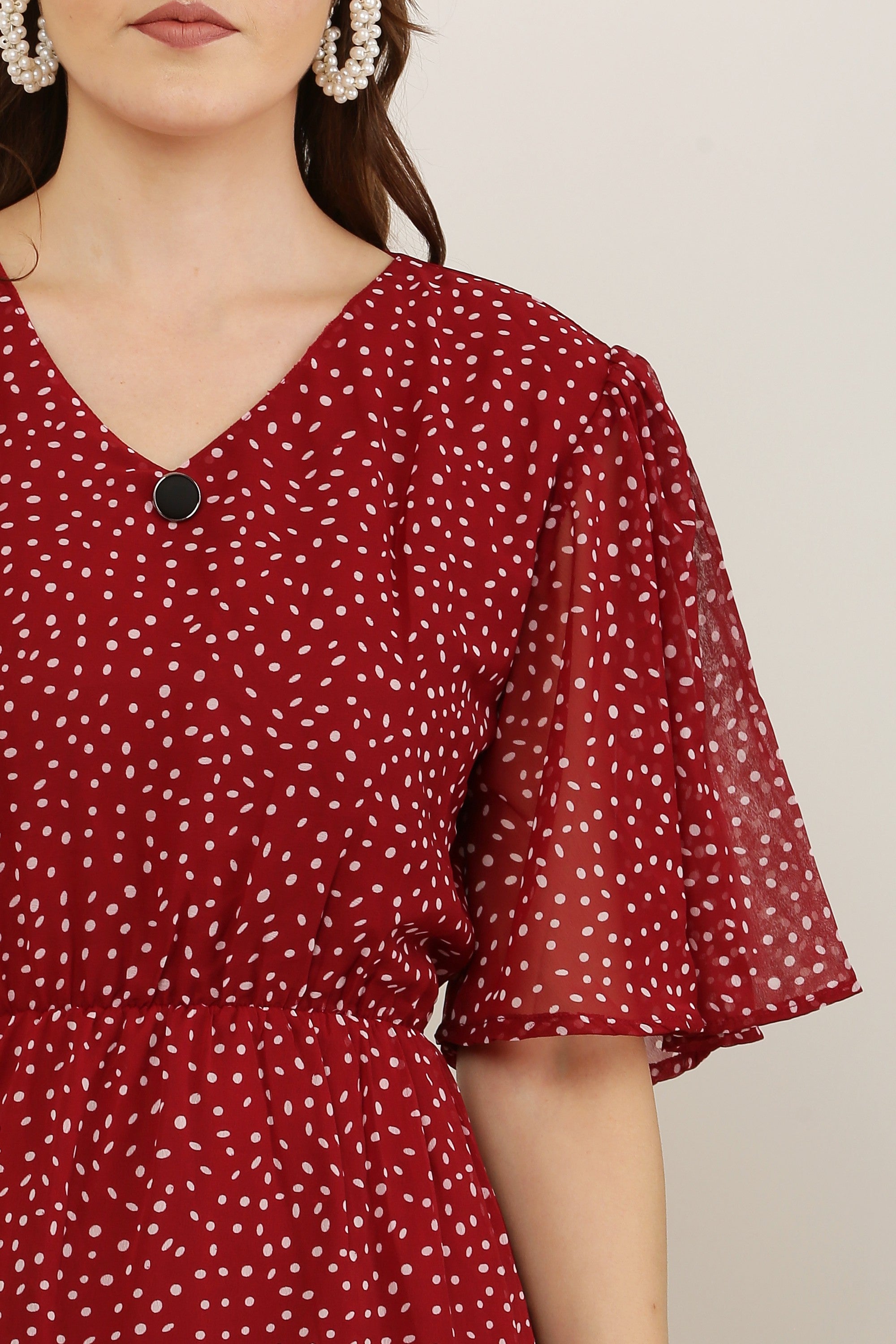 PAVONINE Micro Dots V-Neck Georgette Fabric Maroon Dress For Women - Distacart
