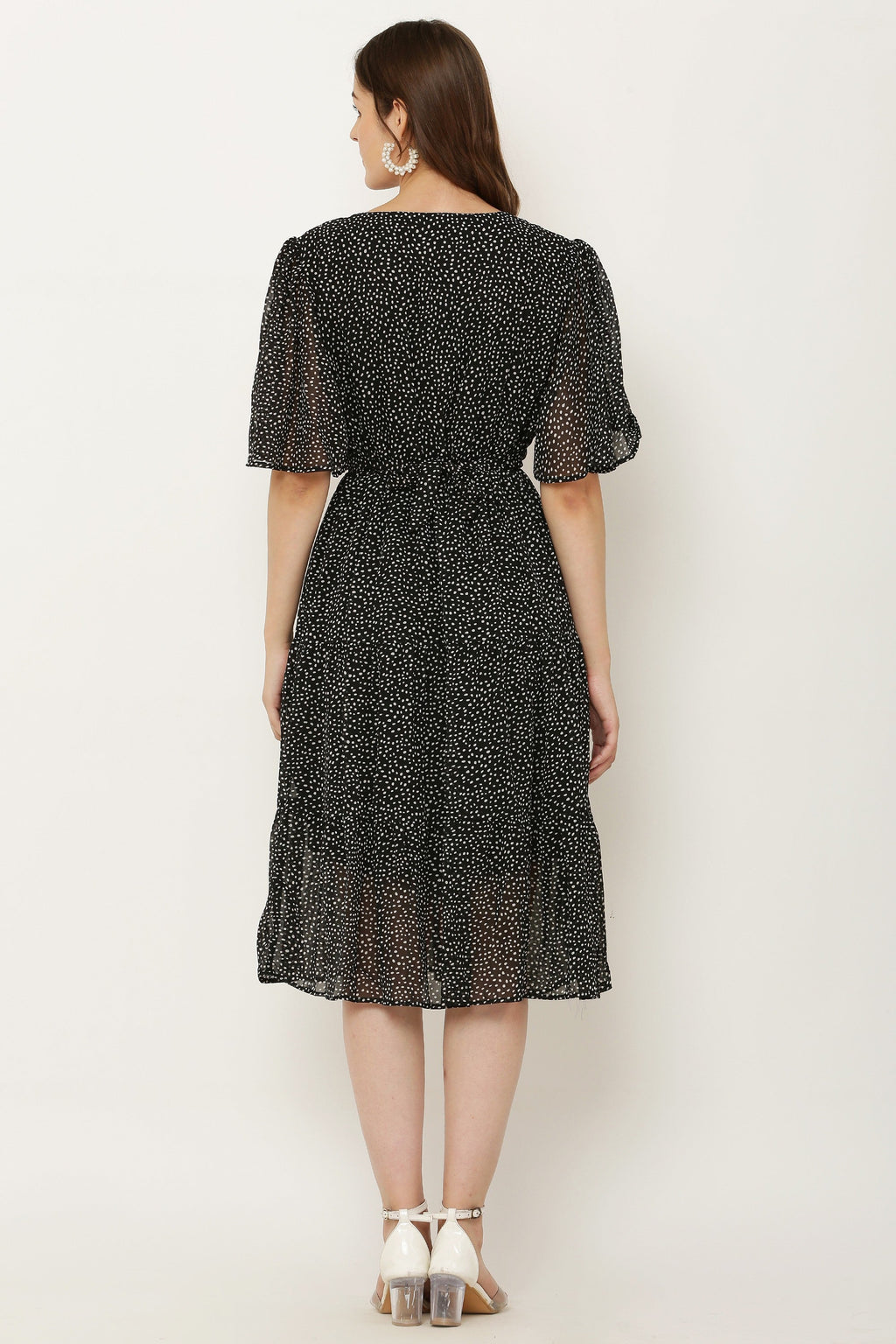 PAVONINE Micro Dots V-Neck Georgette Fabric Black Dress For Women - Distacart
