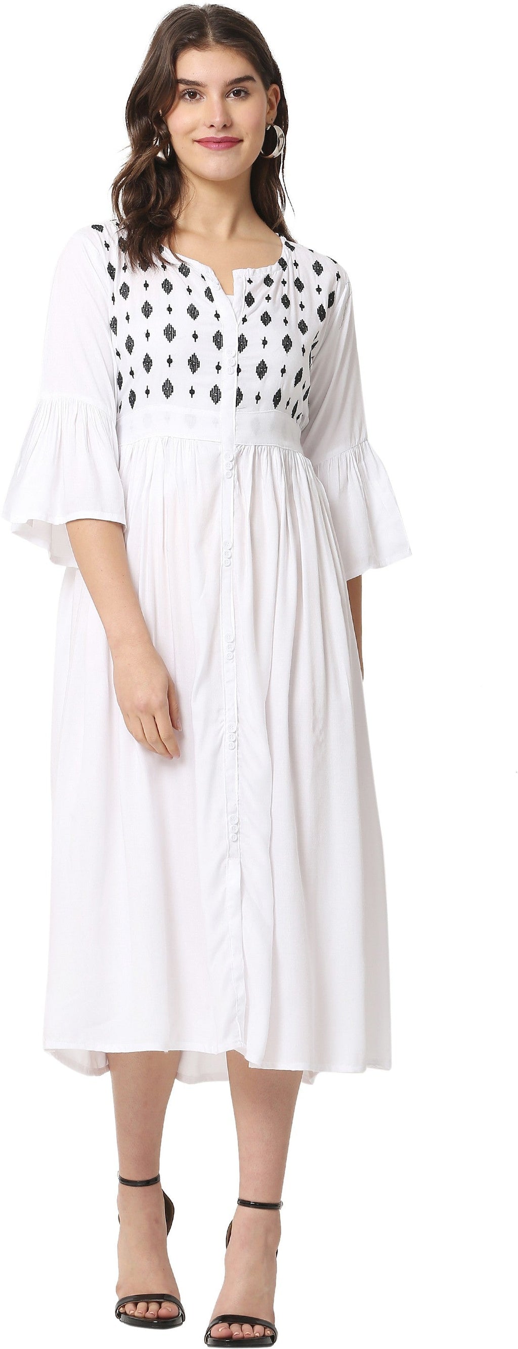 PAVONINE White Color Embroidery Work With Button Dress For Women - Distacart