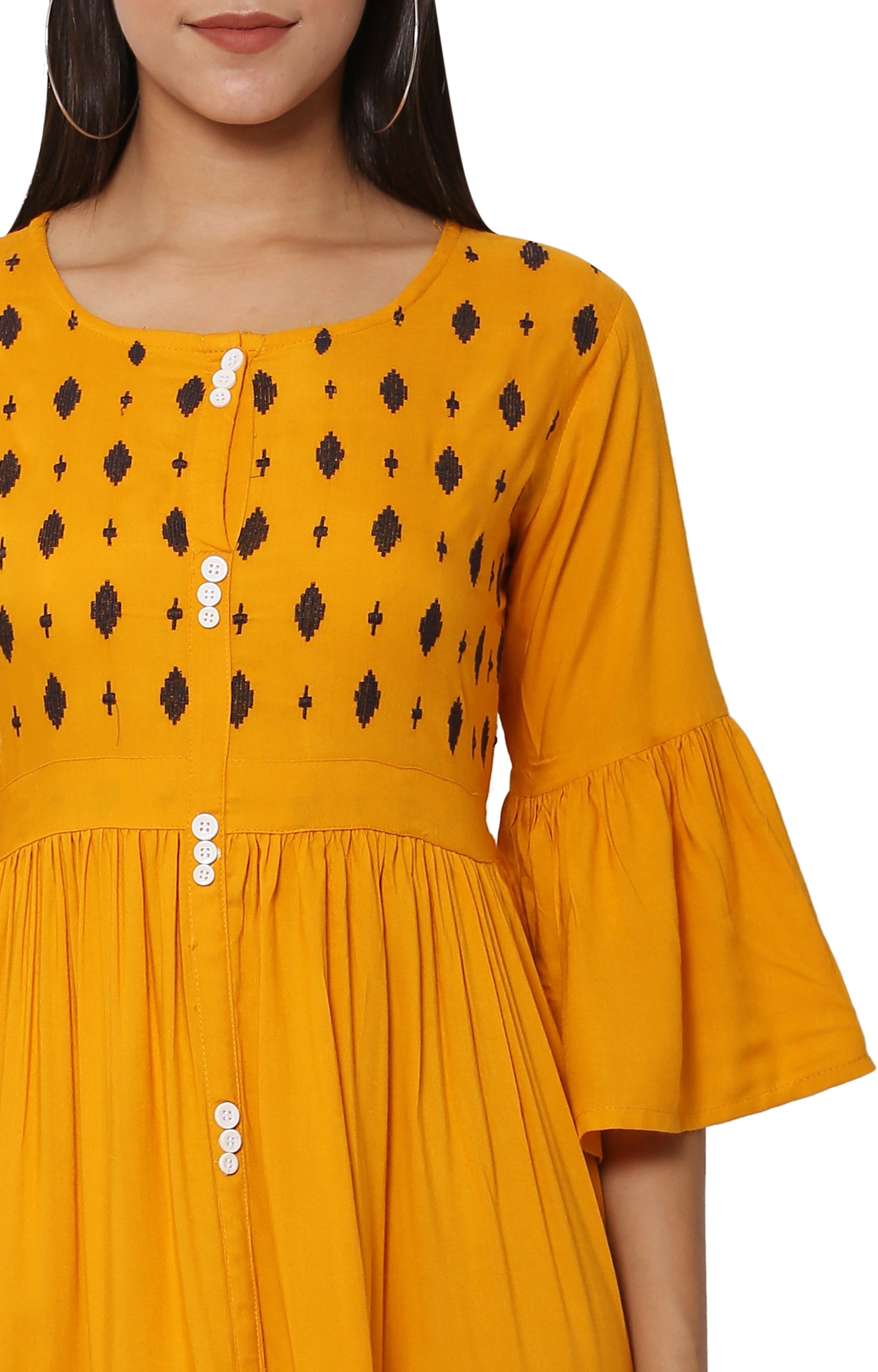 PAVONINE Mustard Color Embroidery Work With Button Dress For Women - Distacart