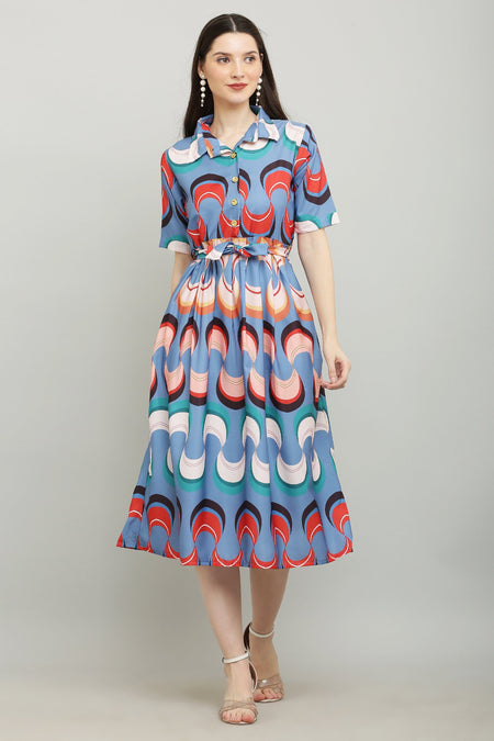 PAVONINE Zig-Zag Multi-Colors Printed Crepe Fabric Firozi Dress For Women