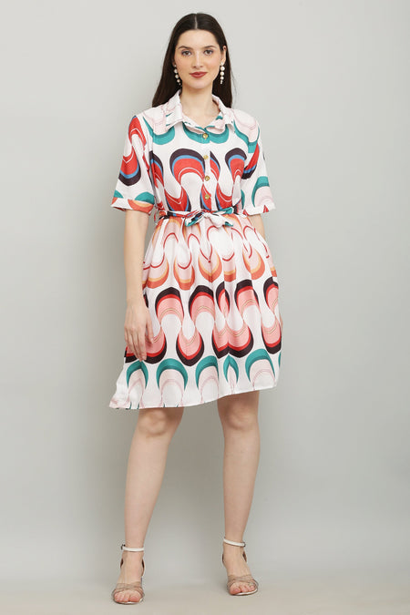 PAVONINE Zig-Zag Multi-Colors Printed Crepe Fabric White Dress For Women