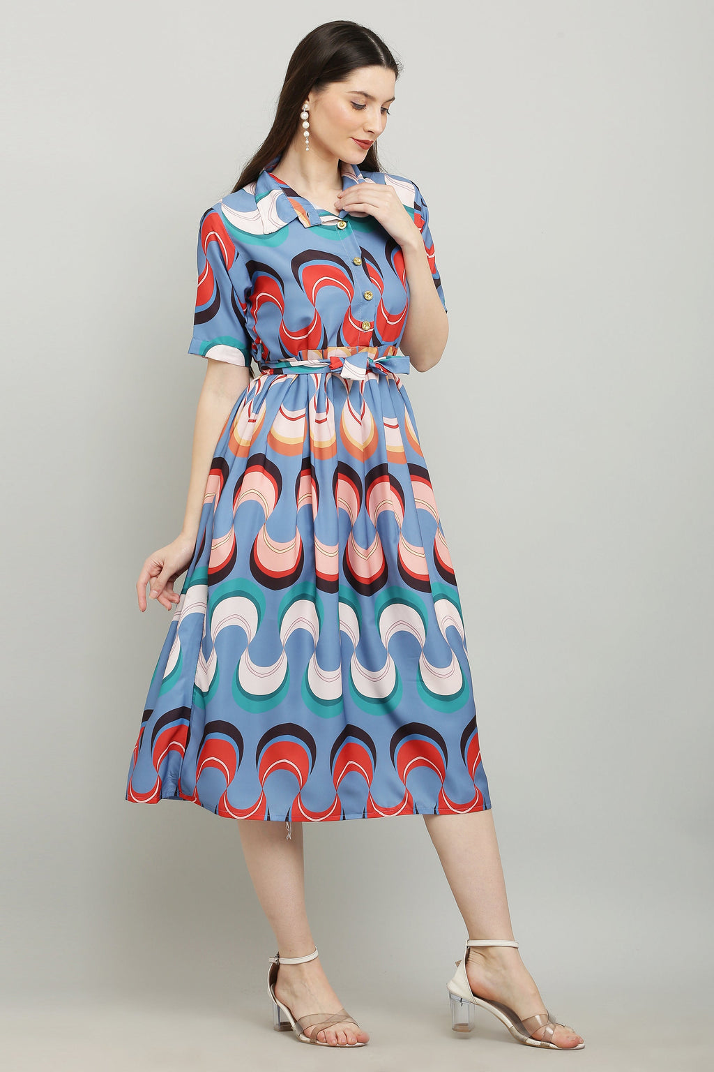 PAVONINE Zig-Zag Multi-Colors Printed Crepe Fabric Firozi Dress For Women - Distacart