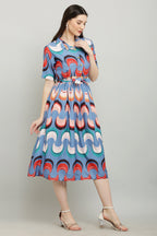 PAVONINE Zig-Zag Multi-Colors Printed Crepe Fabric Firozi Dress For Women - Distacart