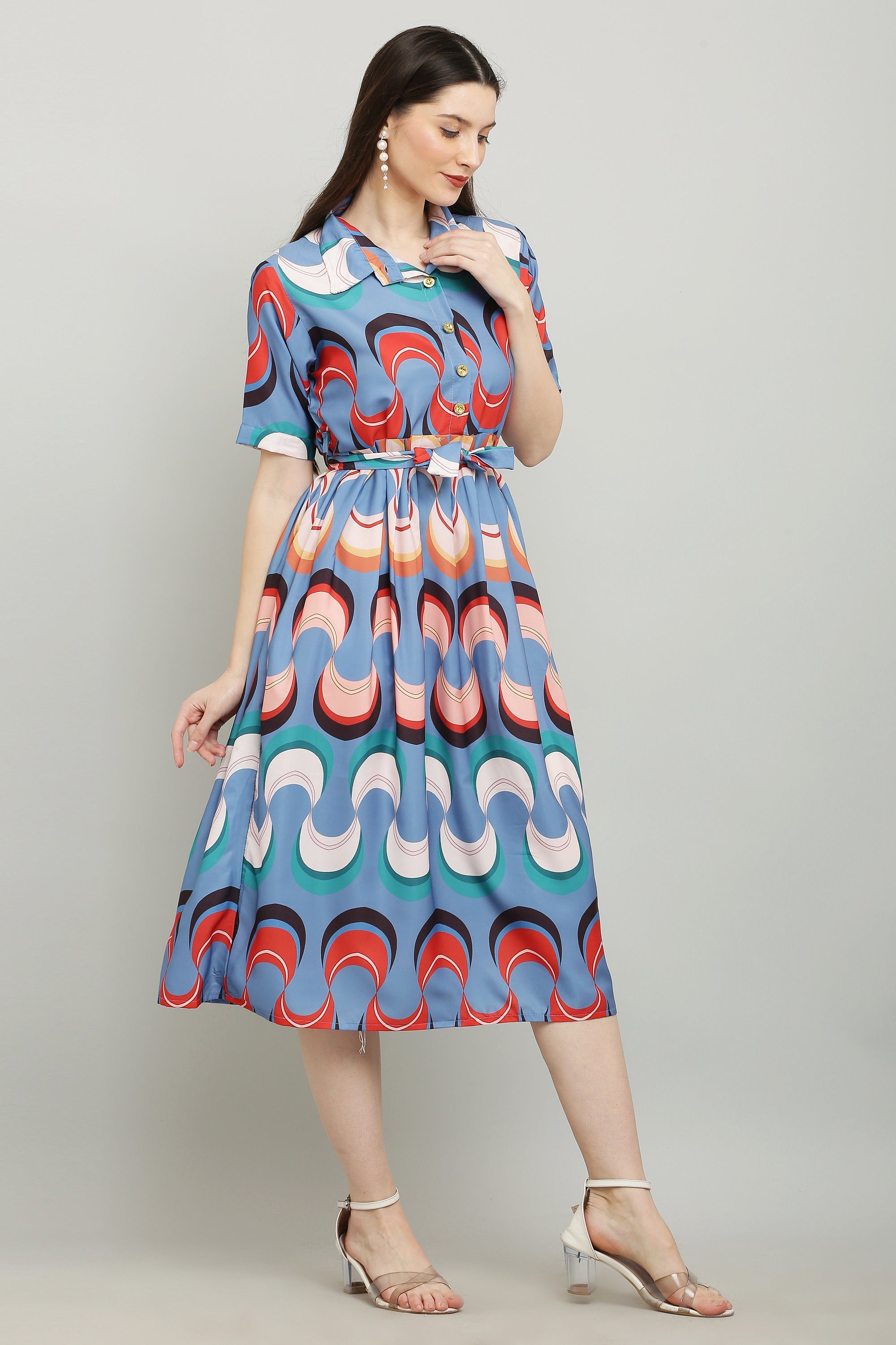 PAVONINE Zig-Zag Multi-Colors Printed Crepe Fabric Firozi Dress For Women - Distacart