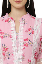 PAVONINE Pink Color Flower Printed Lace Bottom Dress For Girls & Women - Distacart