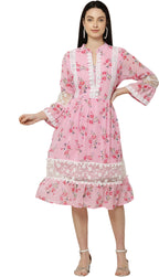 PAVONINE Pink Color Flower Printed Lace Bottom Dress For Girls & Women - Distacart