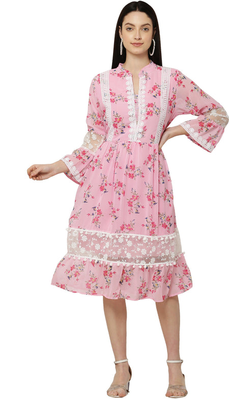 PAVONINE Pink Color Flower Printed Lace Bottom Dress For Girls & Women