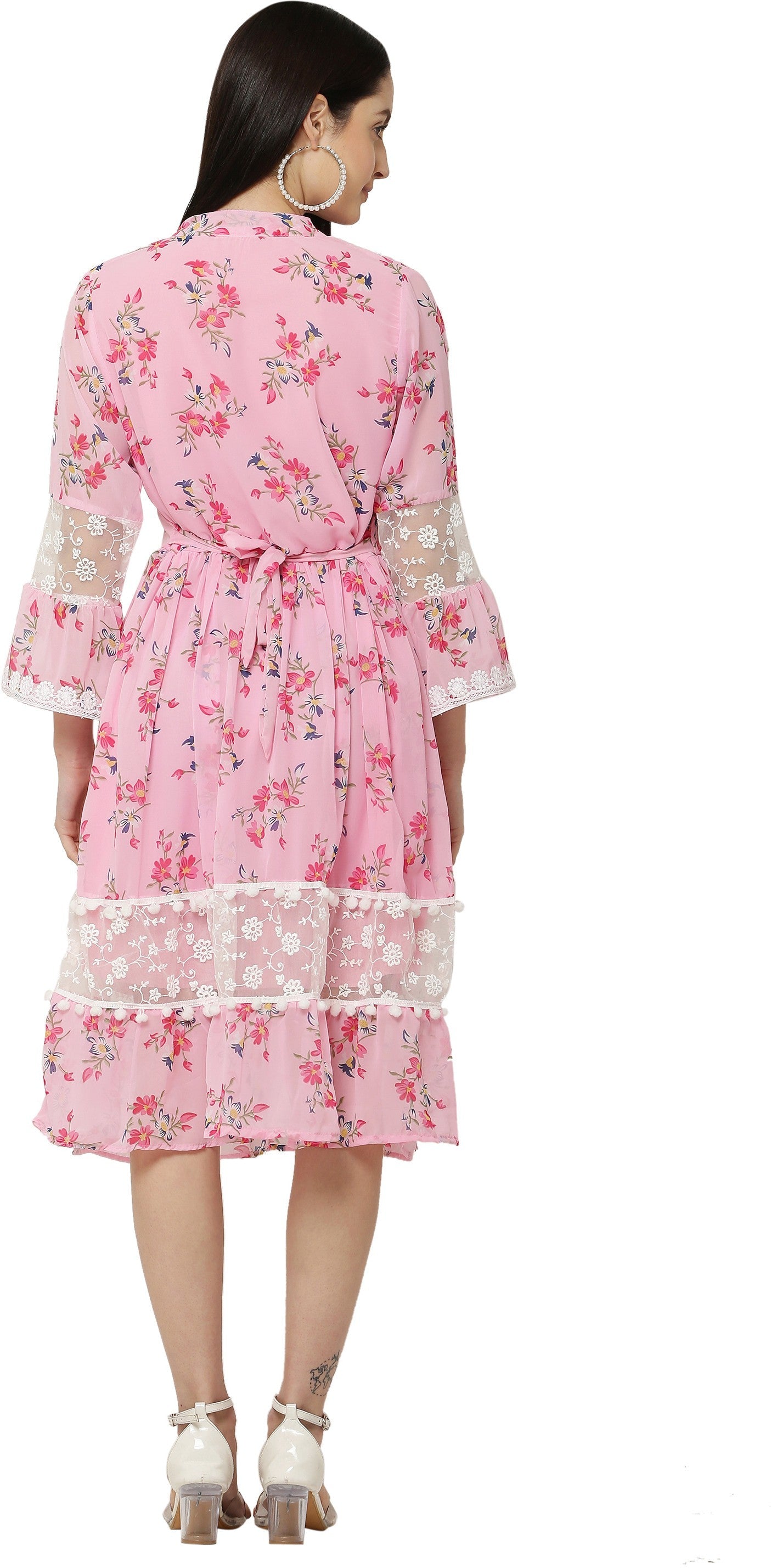 PAVONINE Pink Color Flower Printed Lace Bottom Dress For Girls & Women - Distacart
