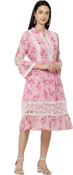 PAVONINE Pink Color Flower Printed Lace Bottom Dress For Girls & Women - Distacart