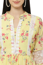PAVONINE Yellow Color Flower Printed Lace Bottom Dress For Girls & Women - Distacart
