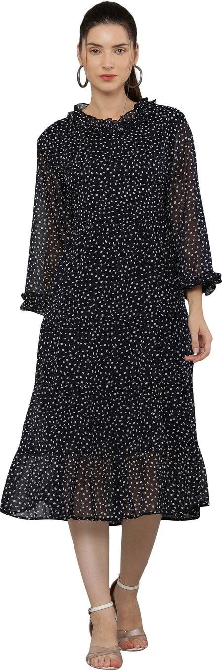 PAVONINE Micro Dots Frill-Neck Georgette Fabric Navy Blue Dress For Women