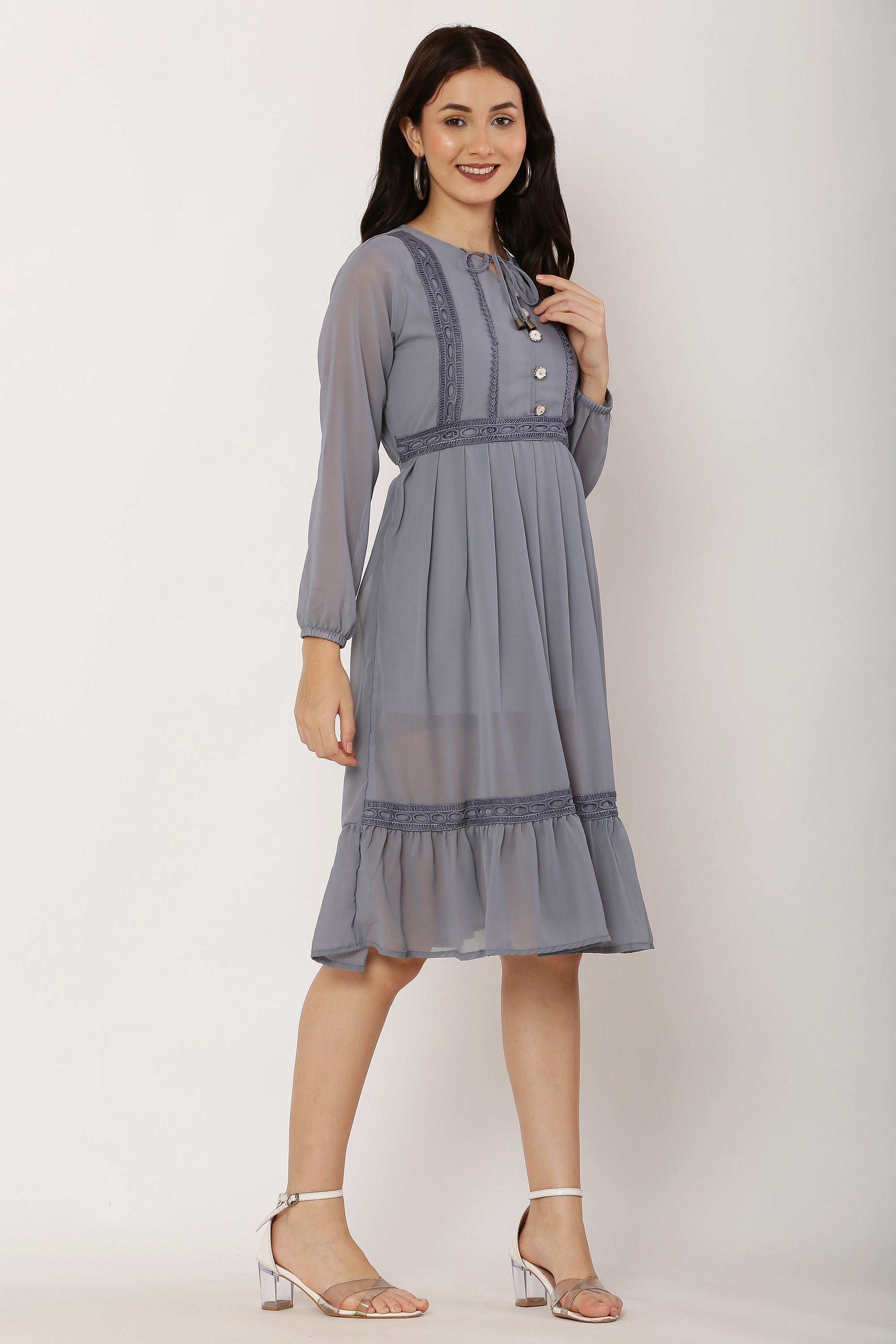 PAVONINE Grey Color Georgette Fabric Lace Inserts Dress For Girls - Distacart