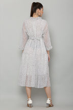 PAVONINE Micro Dots Frill-Neck Georgette Fabric White Dress For Women - Distacart