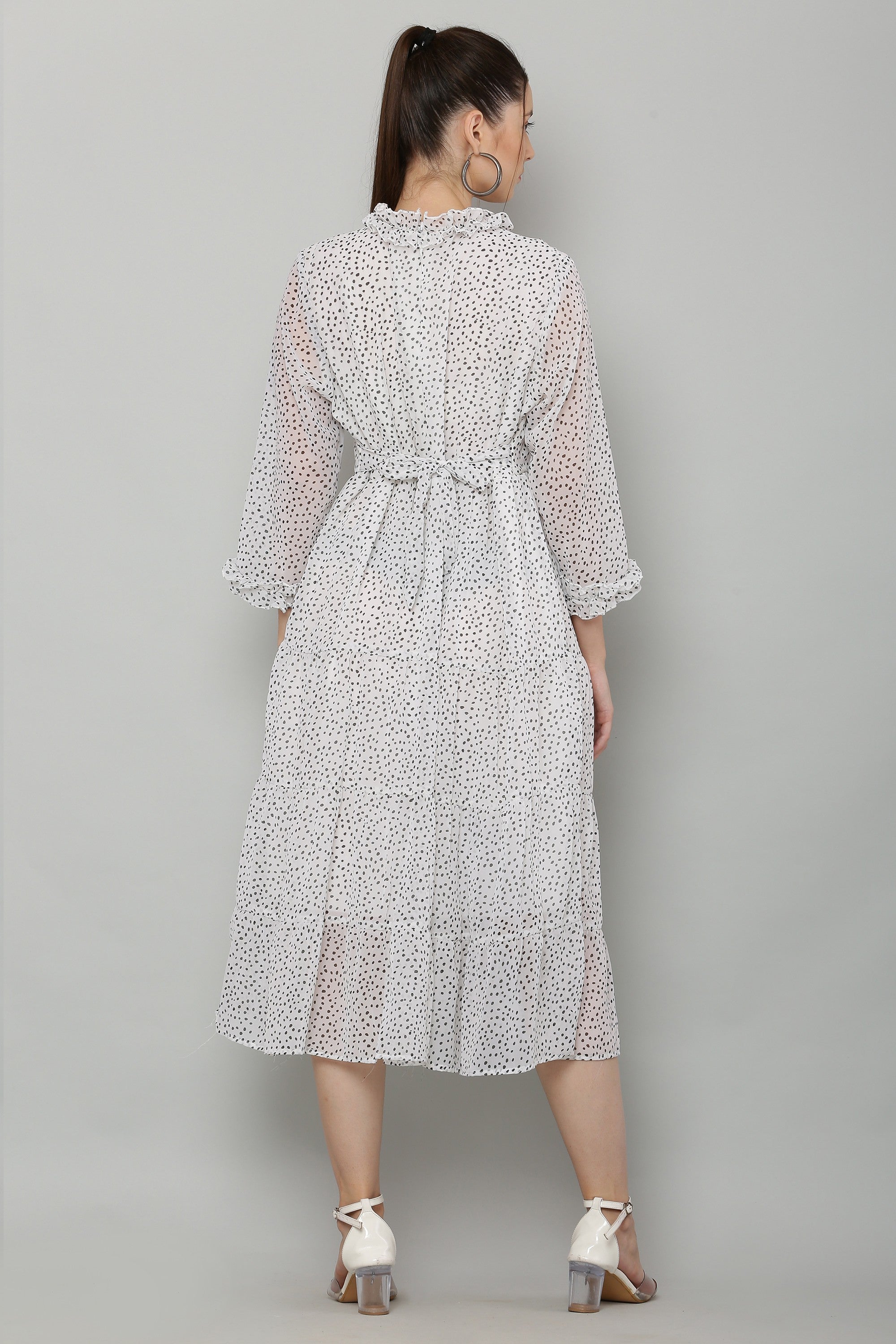 PAVONINE Micro Dots Frill-Neck Georgette Fabric White Dress For Women - Distacart