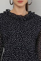 PAVONINE Micro Dots Frill-Neck Georgette Fabric Navy Blue Dress For Women - Distacart