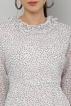 PAVONINE Micro Dots Frill-Neck Georgette Fabric White Dress For Women - Distacart