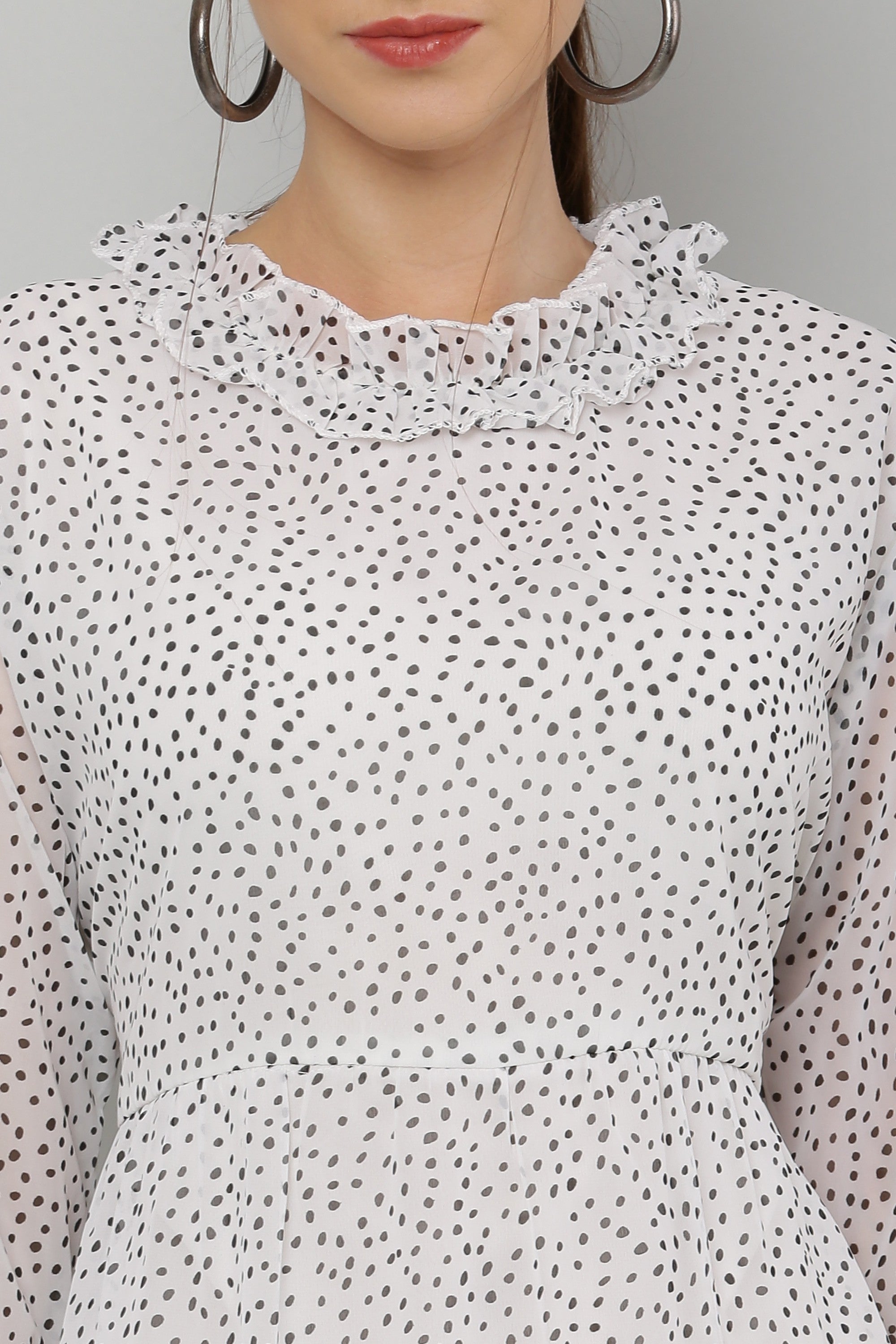 PAVONINE Micro Dots Frill-Neck Georgette Fabric White Dress For Women - Distacart