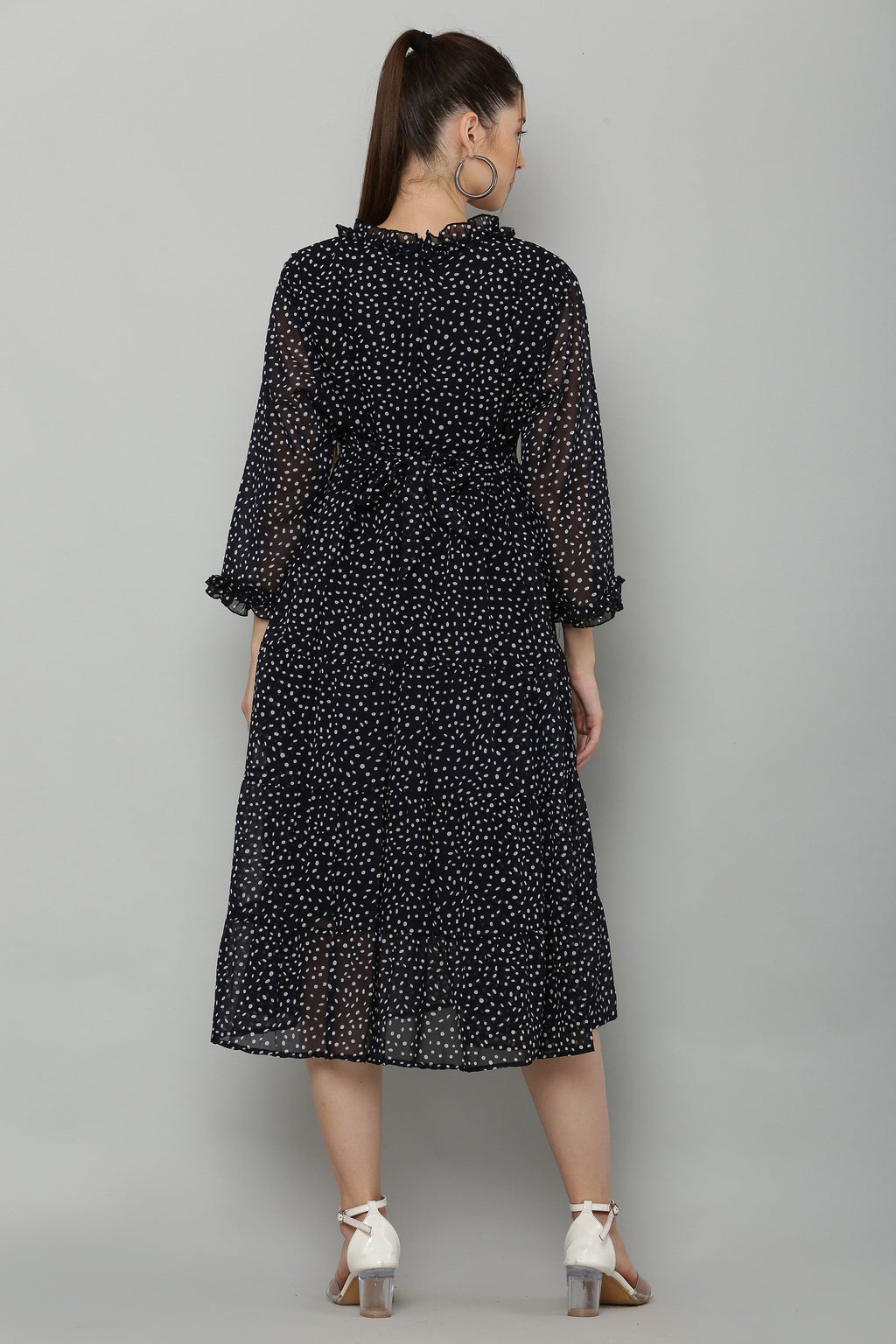 PAVONINE Micro Dots Frill-Neck Georgette Fabric Navy Blue Dress For Women - Distacart