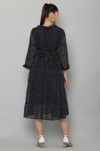 PAVONINE Micro Dots Frill-Neck Georgette Fabric Navy Blue Dress For Women - Distacart