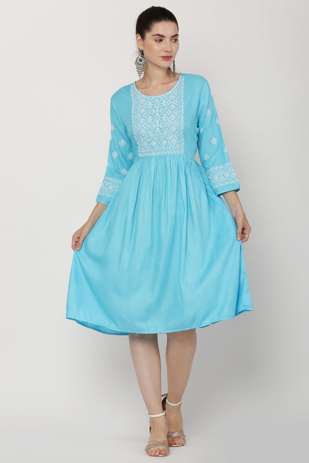PAVONINE Firozi Color Burfi Design Embroidery Dress For Women